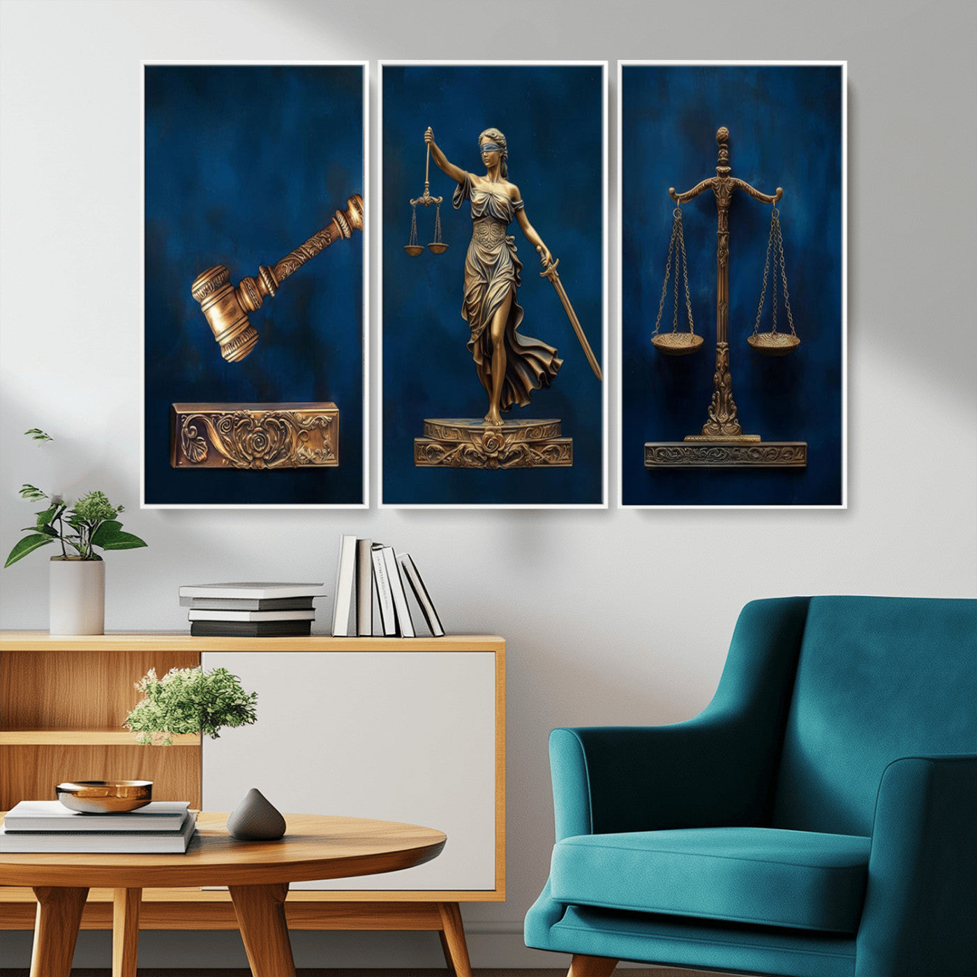 91629053-MGV-CV-36X24-Lady Justice Wall Art – Golden Gavel and Scales Canvas Print, Elegant Legal Office Decor for Lawyers, Judges, Courtroom or Study