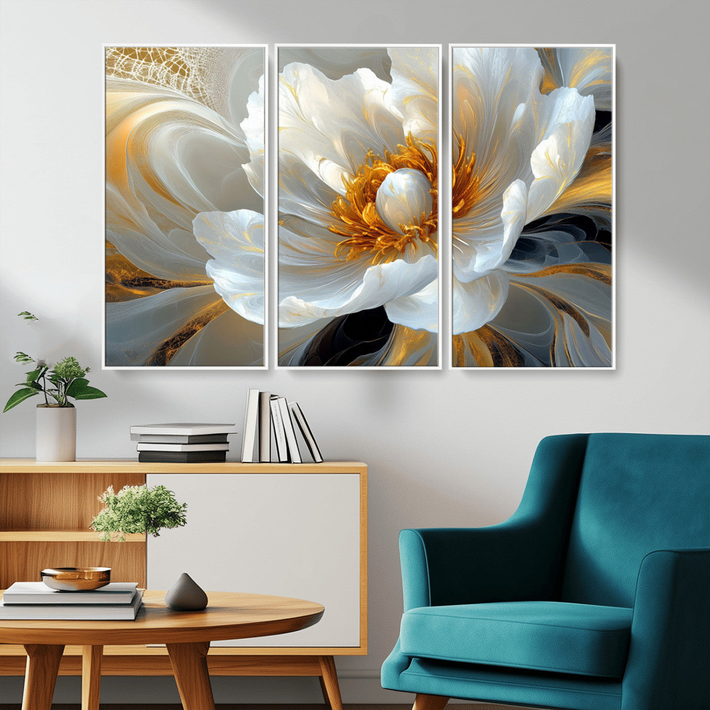 39604126-MGV-FC-48X32-3P_White-Abstract Flower Wall Art – Elegant White and Gold Bloom Canvas Print, Modern Floral Artwork for Bedroom, Living Room, or Office
