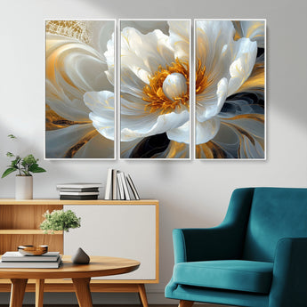 39604126-MGV-FC-48X32-3P_White-Abstract Flower Wall Art – Elegant White and Gold Bloom Canvas Print, Modern Floral Artwork for Bedroom, Living Room, or Office