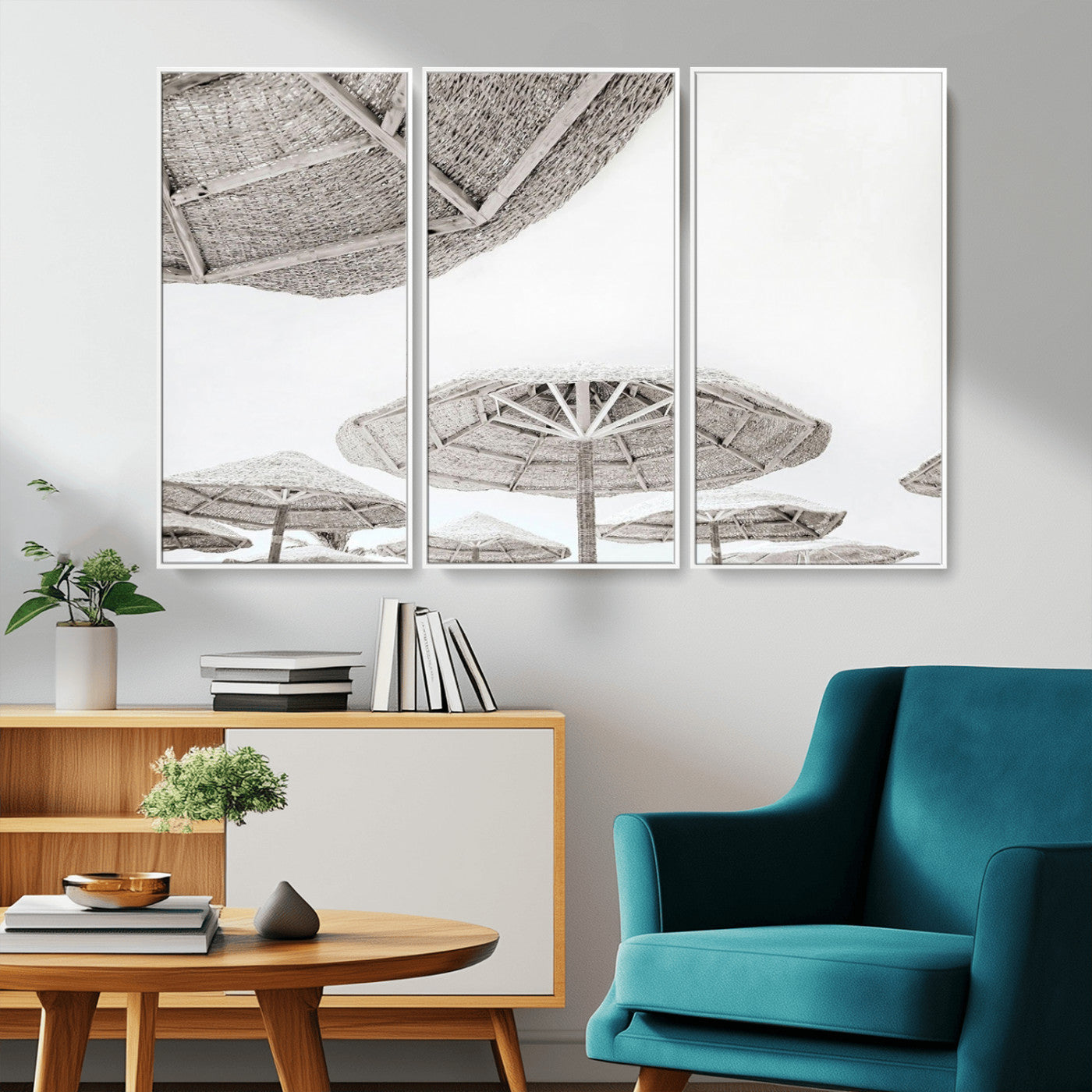 97043123-MGV-CV-36X24-Beach Umbrella Wall Art – Minimalist Coastal Canvas Print, Woven Parasol Summer Decor for Bedroom, Living Room, or Modern Beach