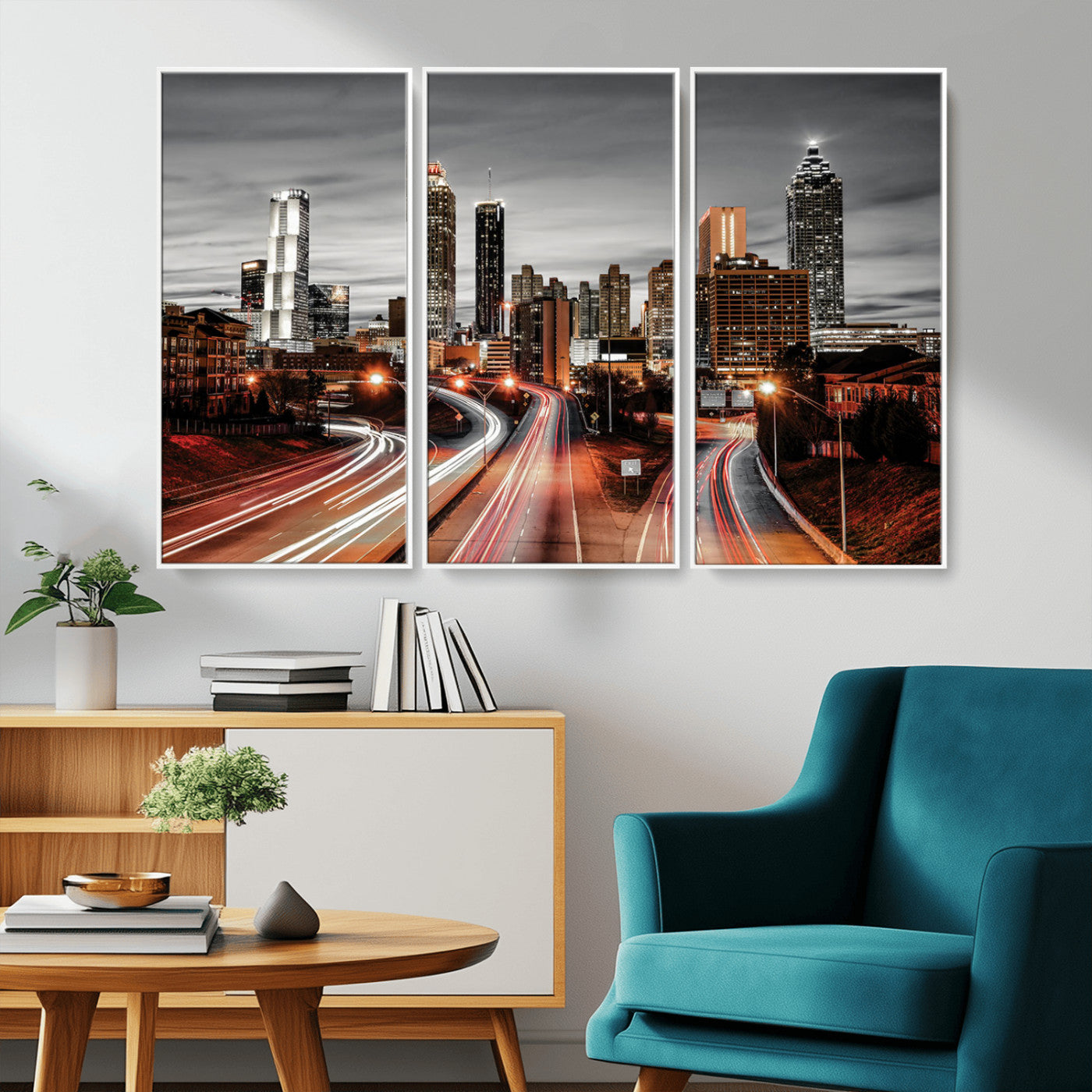 59097239-MGV-CV-36X24-City Skyline Wall Art – Modern Black and White Night Canvas Print with Red Light Trails, Urban Landscape Decor for Living Room or