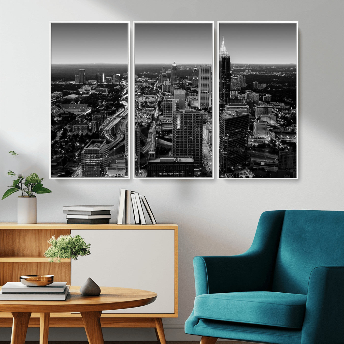 46578567-MGV-CV-36X24-Atlanta Skyline Wall Art – Black and White Cityscape Canvas Print, Modern Urban Night Decor for Office, Living Room, or Apartment