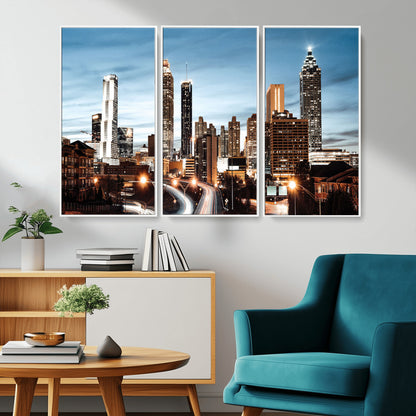 23859158-MGV-CV-36X24-Atlanta Skyline Wall Art – Modern Cityscape Canvas Print with Night Lights and Traffic Trails, Urban Decor for Office, Apartment,