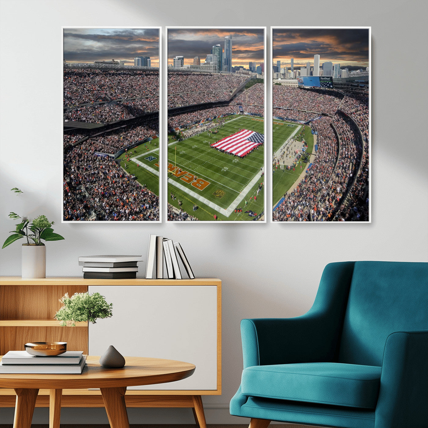 98106777-MGV-CV-36X24-Soldier Field Wall Art – Chicago Bears Stadium Canvas Print with American Flag, Game Day Football Decor for Man Cave, Bar, or