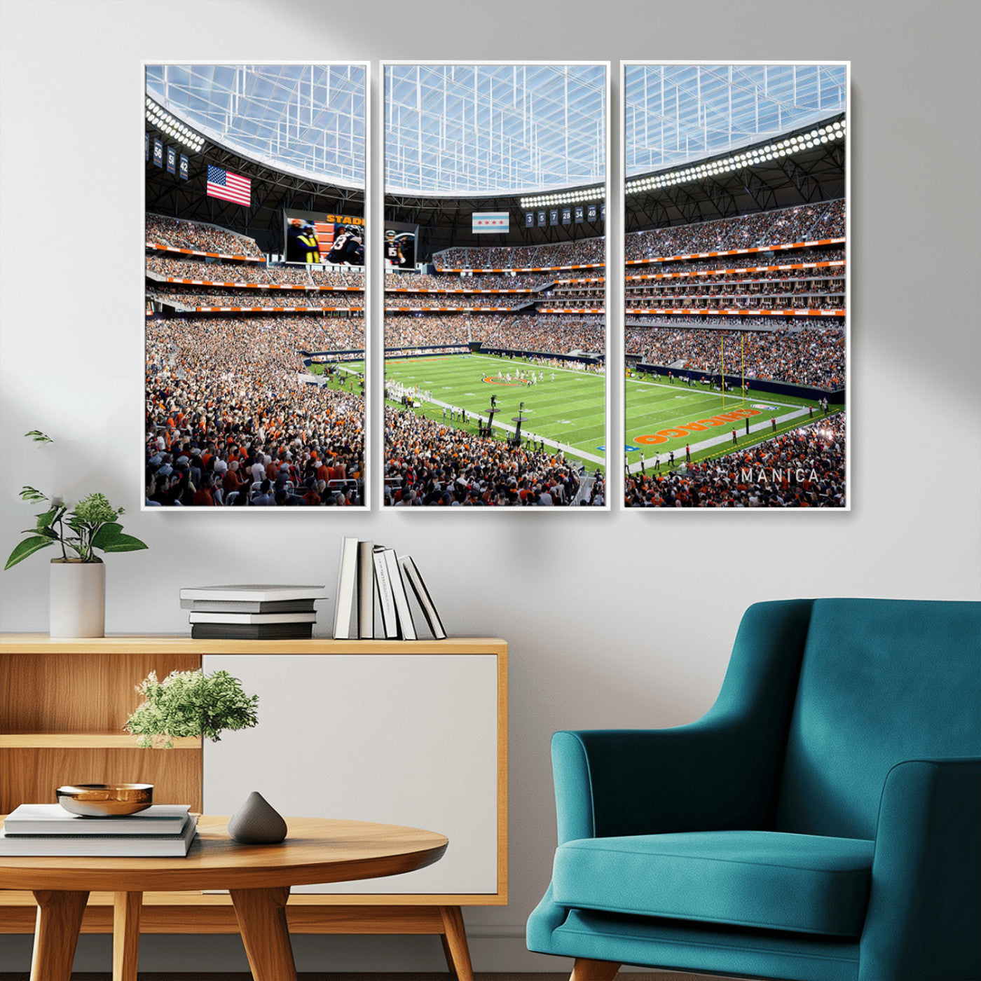 32530647-MGV-CV-36X24-Chicago Bears Stadium Wall Art – Futuristic Dome Arena Canvas Print, Modern Football Concept Design Decor for Man Cave, Bar, or