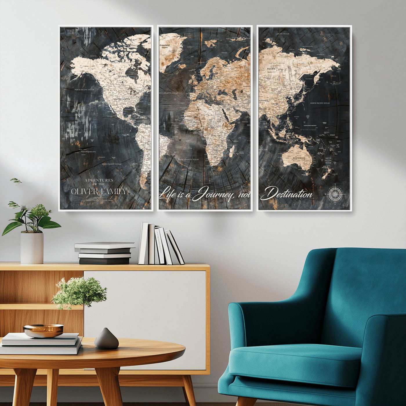 37848568-MGV-CV-36X24-Life is a Journey Not a Destination World Map Rustic Wood Texture Vintage Beige Navy Adventure Wall Art Canvas Print for Home