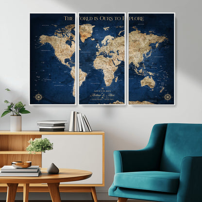 54782997-MGV-CV-36X24-The World is Ours to Explore Wall Art – Blue World Map Canvas Print, Adventure Travel Decor for Home, Office or Living Room,