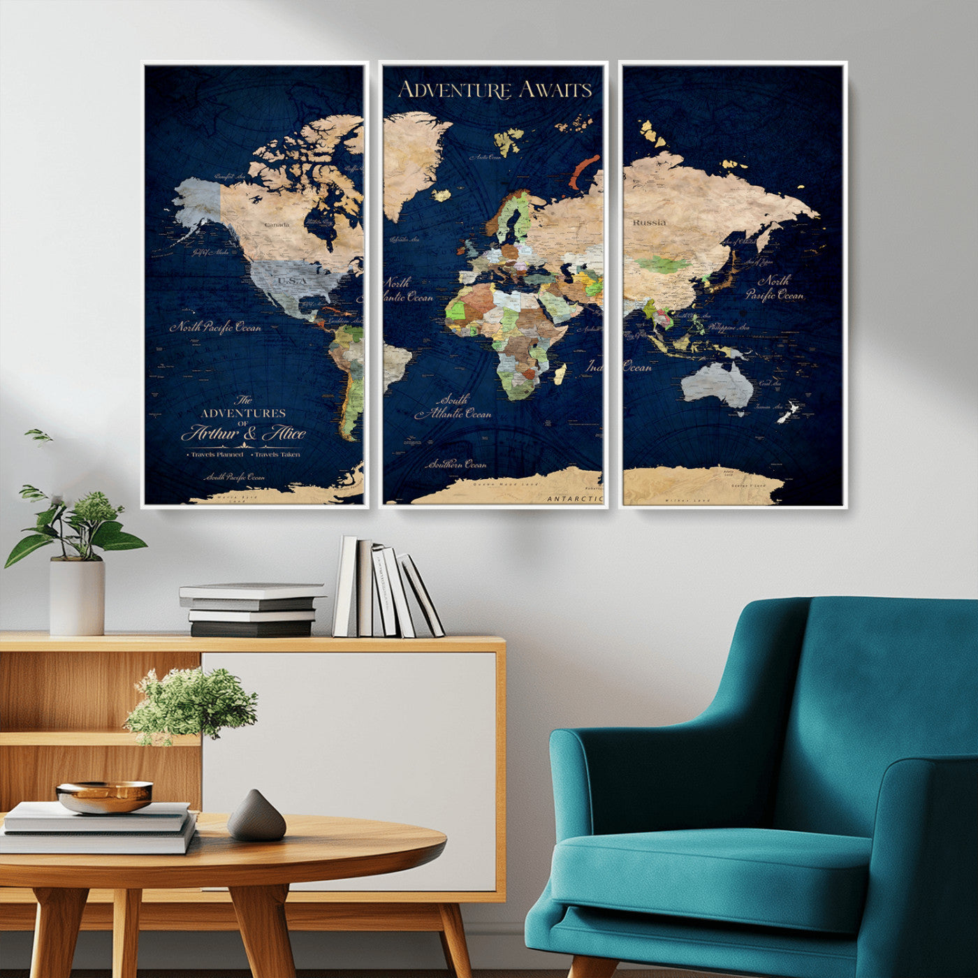 43160428-MGV-CV-36X24-Adventure Awaits Navy Blue World Map – Vibrant Travel Canvas Wall Art, Antique Atlas Print, Wanderlust Decor for Home Office