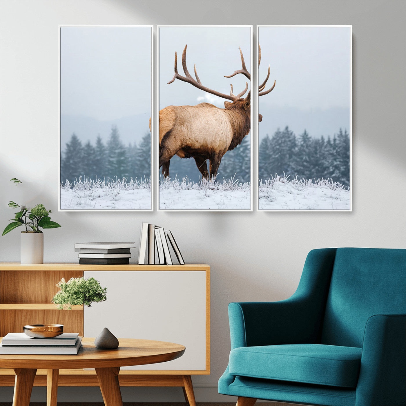 85177251-MGV-CV-36X24-Elk Wall Art – Majestic Wildlife Canvas Print of Bull Elk Snowy Forest, Rustic Nature Decor for Living Room, Cabin, or Office