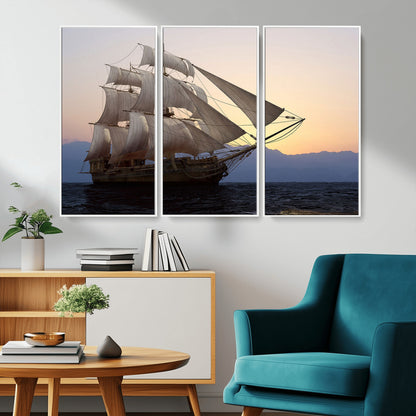 31270610-MGV-CV-36X24-Sailing Ship Wall Art – Sunset Seascape Canvas Print with Tall Ship at Sea, Nautical Ocean Decor for Living Room, Office, or