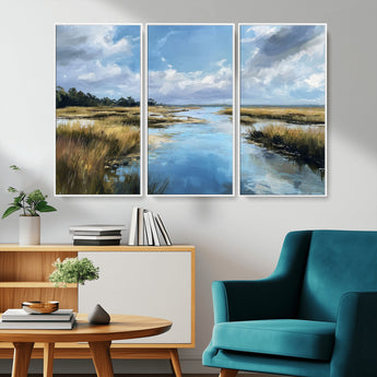 87082041-MGV-CV-36X24-Painted Marshland Canvas Wall Art – Serene Water Reflection, Blue Sky, Golden Grass Landscape, Calm Nature Decor for Home, Office,