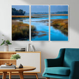 26300004-MGV-CV-36X24-Tranquil Marshland Canvas Wall Art – Blue Water, Reflective Sky, Golden Grasses, Calm Nature Landscape, Scenic Outdoor Beauty for