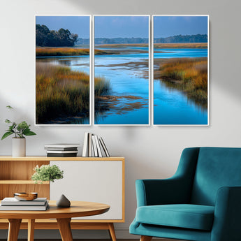 26300004-MGV-CV-36X24-Marshland Landscape Wall Art – Scenic Nature Canvas Print with Golden Grass and Blue Water, Peaceful River Photography for Living