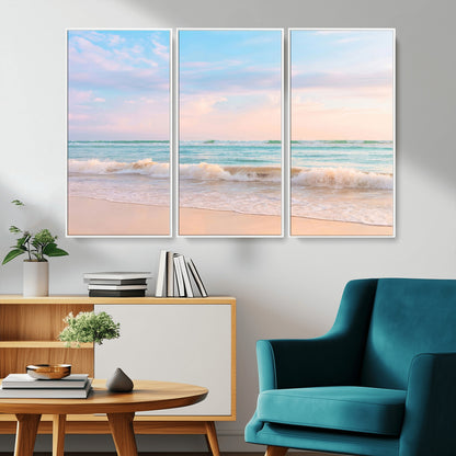 88024944-MGV-CV-36X24-Beach Landscape Wall Art – Coastal Ocean Canvas Print with Gentle Waves and Pastel Sky, Serene Seascape Photography for Living