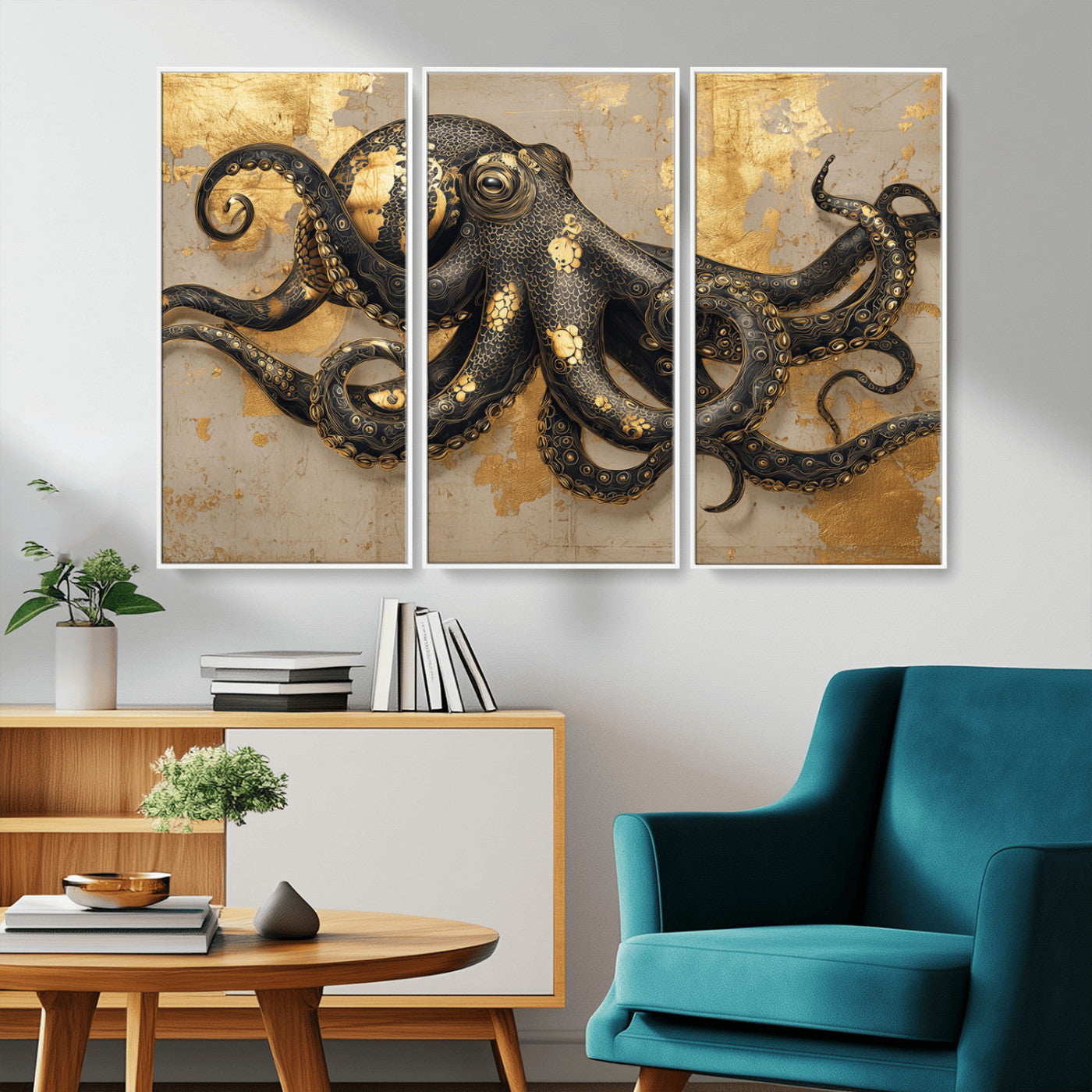57944271-MGV-CV-36X24-Octopus Wall Art – Black and Gold Nautical Canvas Print, Modern Ocean Inspired Artwork with Elegant Detailing, Coastal Marine
