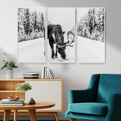 38956835-MGV-CV-36X24-Moose Wall Art – Black and White Wildlife Canvas Print with Snowy Forest Road, Rustic Nature Photography for Cabin, Lodge, Living
