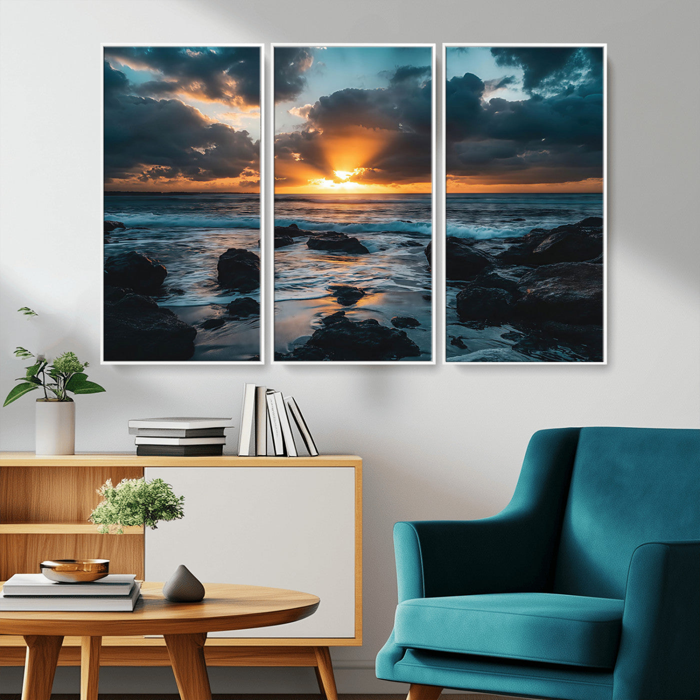 66040852-MGV-CV-36X24-Ocean Sunset Canvas Wall Art – Rocky Shore Waves, Dramatic Clouds, Golden Sun Rays, Coastal Nature, Serene Water Reflection for