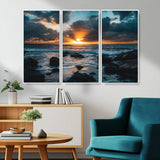 66040852-MGV-CV-36X24-Ocean Sunset Canvas Wall Art – Rocky Shore Waves, Dramatic Clouds, Golden Sun Rays, Coastal Nature, Serene Water Reflection for