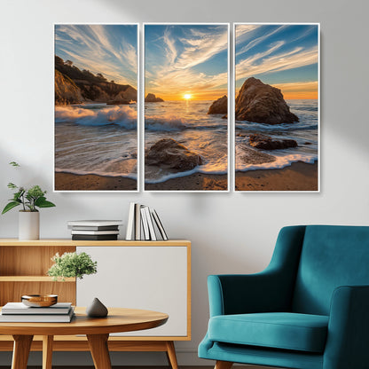 85659923-MGV-CV-36X24-Rocky Ocean Sunset Canvas Wall Art – Seaside Dramatic Seascape Print, Coastal Modern Decor, Ocean Sunset Art for Living Room or
