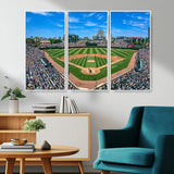 56213978-MGV-CV-36X24-Baseball Stadium Wall Art – Panoramic Ballpark Canvas Print with Fans, Green Field and City Skyline, Classic Sports Photography