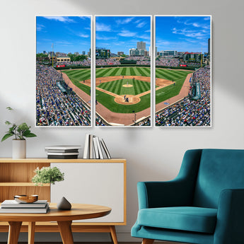 56213978-MGV-CV-36X24-Baseball Stadium Wall Art – Panoramic Ballpark Canvas Print with Fans, Green Field and City Skyline, Classic Sports Photography