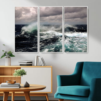 38622353-MGV-CV-36X24-Ocean Wave Wall Art – Dramatic Seascape Canvas Print with Stormy Sky and Crashing Sea, Bold Coastal Photography for Living Room,