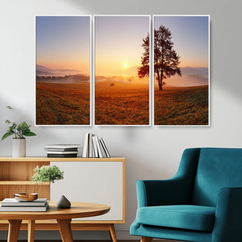 57919623-MGV-CV-36X24-Sunrise Landscape Wall Art – Golden Morning Canvas Print with Tree, Misty Hills and Open Field, Peaceful Nature Photography for