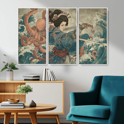 52037775-MGV-CV-36X24-Tsukioka Yoshitoshi Samurai Wall Art Print, Japanese Katana Warrior Canvas Wall Art, Octopus Sea Monster Canvas Print,