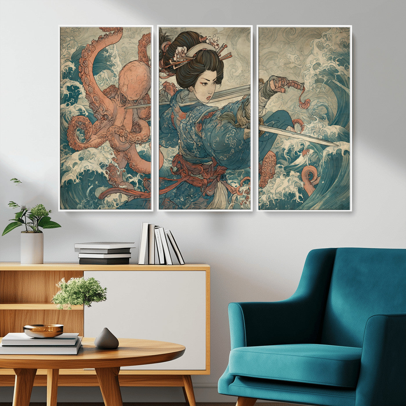 52037775-MGV-FC-48X32-3P_White-Samurai Woman Wall Art – Japanese Ukiyo e Style Canvas Print with Katana, Ocean Waves and Octopus, Traditional Asian Inspired