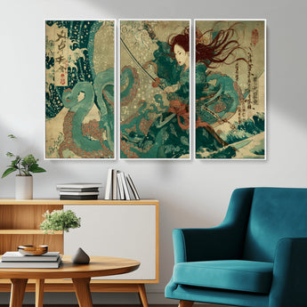 86918027-MGV-CV-36X24-Samurai Warrior vs Octopus Wall Art – Japanese Ukiyo-e Ocean Battle Canvas Print, Traditional Samurai Artwork for Living Room,