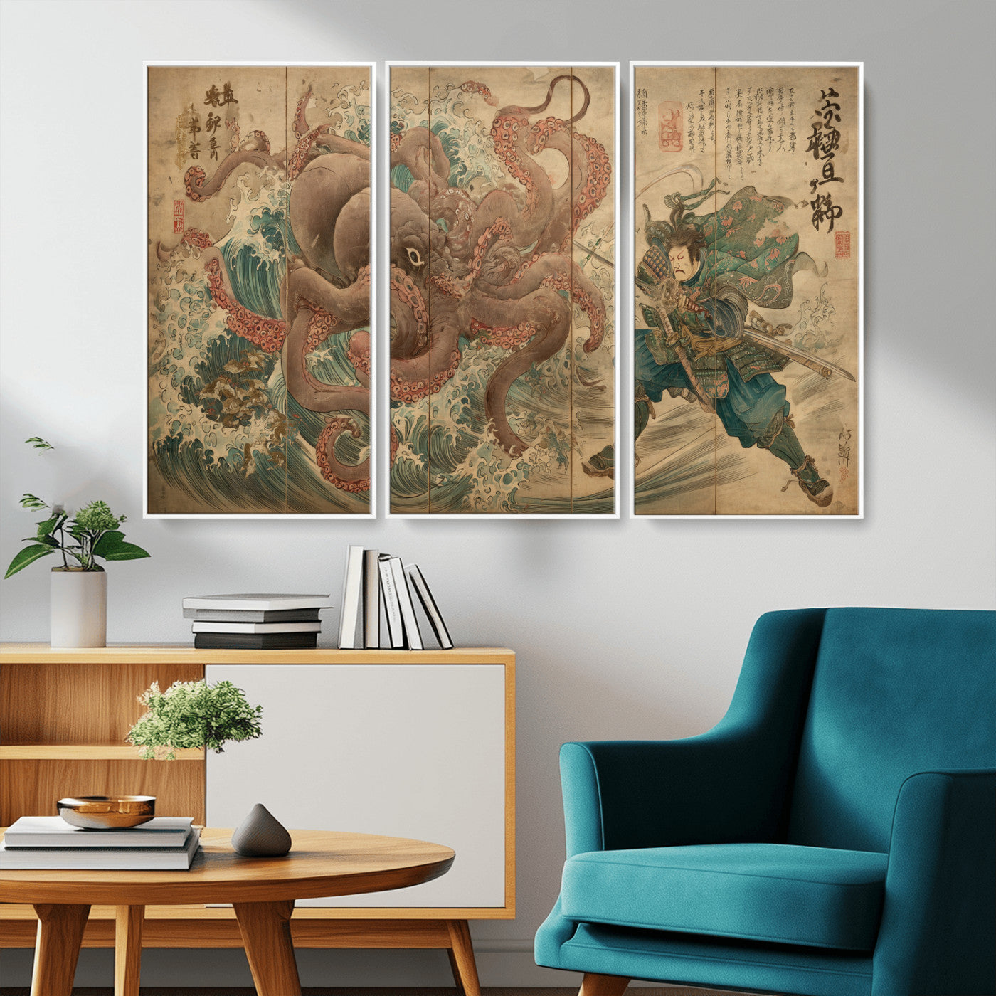 63782167-MGV-CV-36X24-Tsukioka Yoshitoshi Samurai Wall Art Print, Japanese Katana Warrior Canvas Wall Art, Octopus Sea Monster Canvas Print,