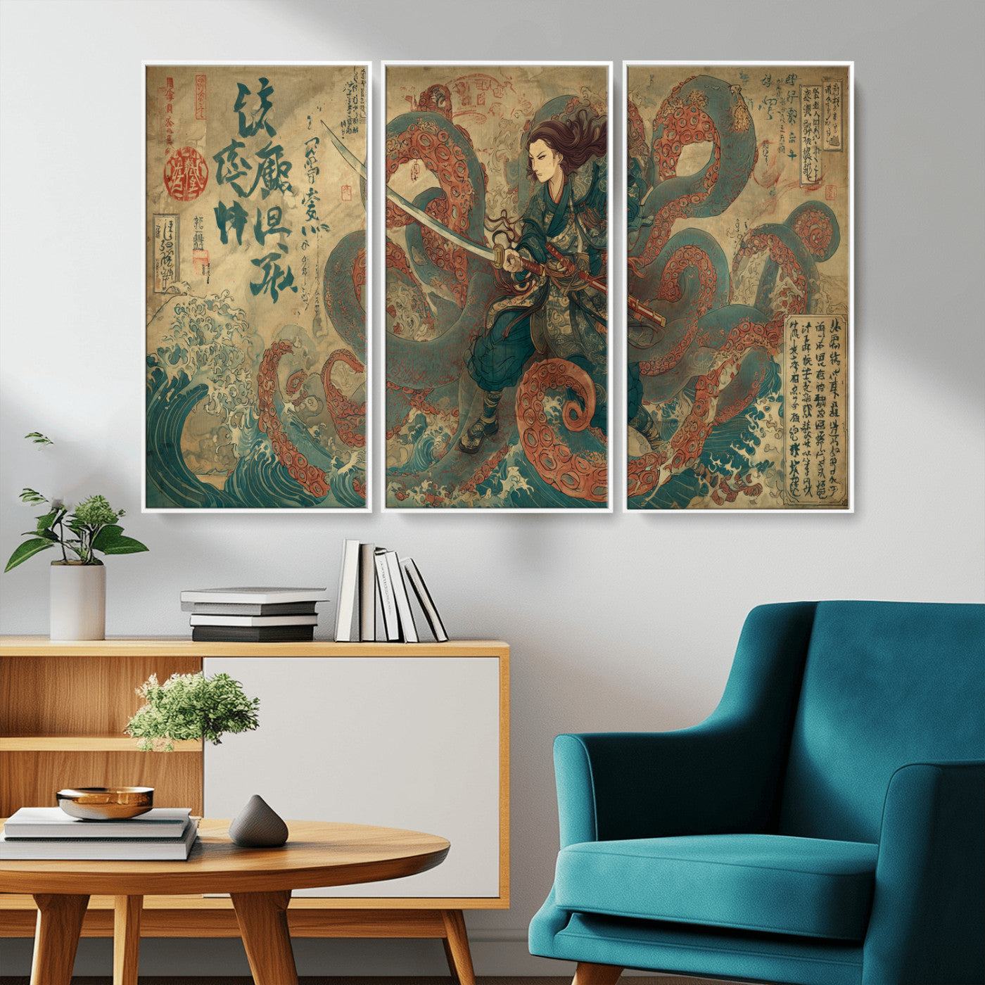 98593115-MGV-CV-36X24-Samurai Warrior vs Octopus Wall Art – Japanese Ukiyo-e Calligraphy Canvas Print, Ocean Battle Scene Artwork for Living Room,
