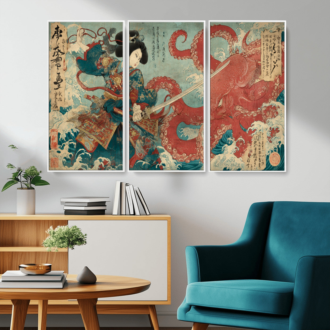 68844327-MGV-CV-36X24-Tsukioka Yoshitoshi Samurai Wall Art Print, Japanese Katana Warrior Canvas Wall Art, Octopus Sea Monster Canvas Print,