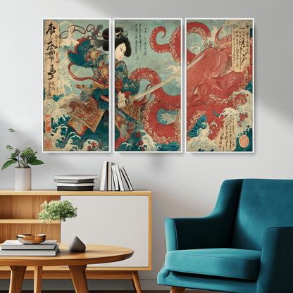 68844327-MGV-CV-36X24-Tsukioka Yoshitoshi Samurai Wall Art Print, Japanese Katana Warrior Canvas Wall Art, Octopus Sea Monster Canvas Print,