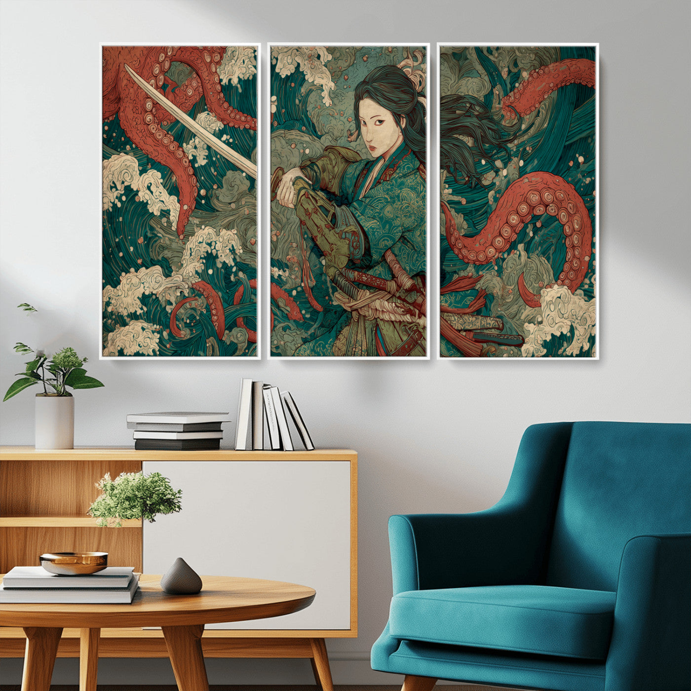 35461724-MGV-CV-36X24-Samurai Woman vs Octopus Wall Art – Japanese Ukiyo-e Ocean Waves Canvas Print, Red Tentacle Battle Artwork for Living Room,