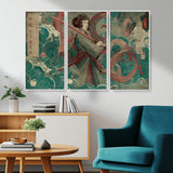91666601-MGV-CV-36X24-Samurai Woman vs Octopus Wall Art – Japanese Ukiyo-e Green Robe Canvas Print, Ocean Battle Artwork for Living Room, Office, Man