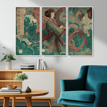 91666601-MGV-CV-36X24-Samurai Woman vs Octopus Wall Art – Japanese Ukiyo-e Green Robe Canvas Print, Ocean Battle Artwork for Living Room, Office, Man