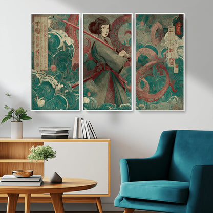 91666601-MGV-CV-36X24-Samurai Woman vs Octopus Wall Art – Japanese Ukiyo-e Green Robe Canvas Print, Ocean Battle Artwork for Living Room, Office, Man