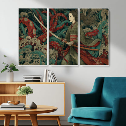 18902796-MGV-CV-36X24-Samurai Woman vs Octopus Wall Art – Japanese Ukiyo-e Green Kimono Canvas Print, Ocean Battle Scene Artwork for Living Room,