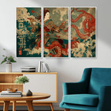 60201267-MGV-CV-36X24-Samurai Woman vs Octopus Wall Art – Japanese Ukiyo-e Armor Canvas Print, Red Tentacle Ocean Battle Artwork for Living Room,