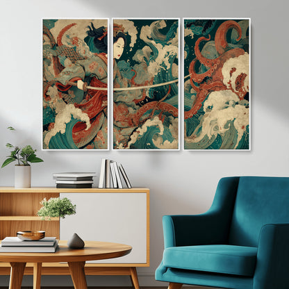 30212982-MGV-CV-36X24-Samurai Woman vs Octopus Wall Art – Japanese Ukiyo-e Style Warrior and Sea Monster Canvas Print, Mythology Inspired Artwork for