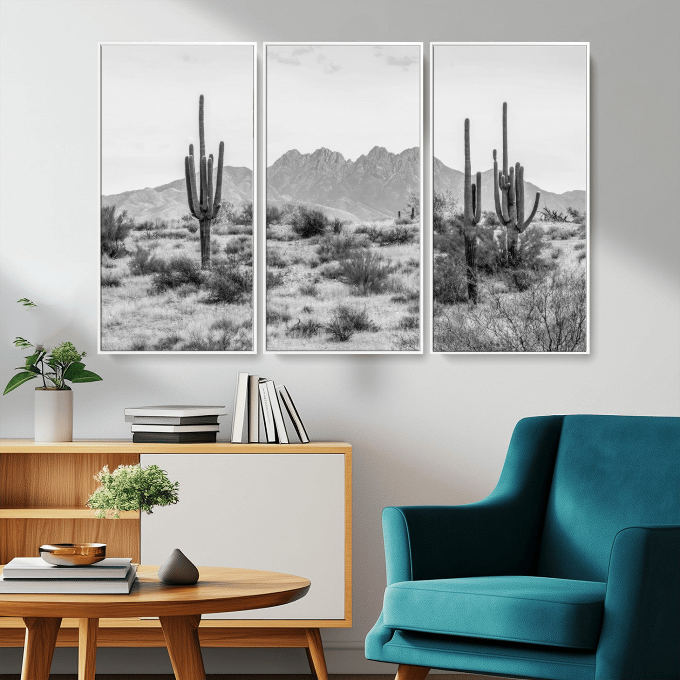 97436PHN-MGV-FC-48X32-3P_White-Desert Landscape Wall Art – Black and White Cactus and Mountain Canvas Print, Southwestern Nature Photography for Living Room,