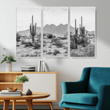 97436PHN-MGV-FC-48X32-3P_White-Desert Landscape Wall Art – Black and White Cactus and Mountain Canvas Print, Southwestern Nature Photography for Living Room,