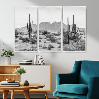 97436PHN-MGV-FC-48X32-3P_White-Desert Landscape Wall Art – Black and White Cactus and Mountain Canvas Print, Southwestern Nature Photography for Living Room,