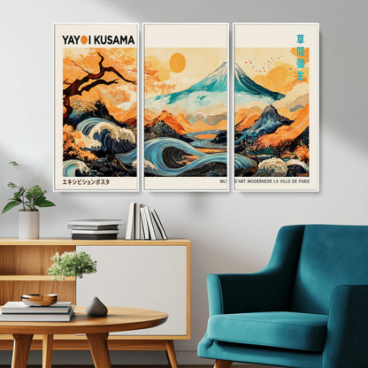 94085549-MGV-CV-36X24-Yayoi Kusama Inspired Japanese Landscape Art Print – Vibrant Mount Fuji, Waves & Autumn Trees, Modern Decorative Poster for