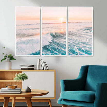 34064591-MGV-FC-48X32-3P_White-Surfing Wall Art – Sunset Ocean Wave Canvas Print, Surfer Riding Sea Photography Decor for Bedroom, Living Room, Office, Coastal