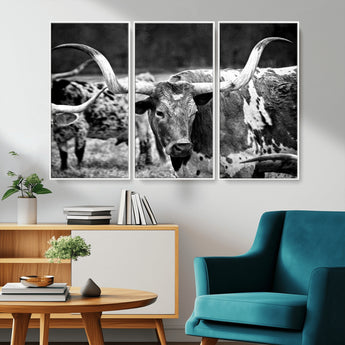 15425553-MGV-CV-36X24-Western Wall Art – Longhorn Cattle Black and White Canvas Print, Rustic Ranch Photography Decor for Bedroom, Living Room, Office,