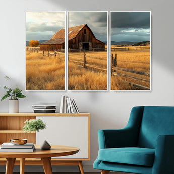 16480179-MGV-CV-36X24-Farmhouse Wall Art – Rustic Barn and Golden Field Canvas Print, Country Landscape Photography Decor for Bedroom, Living Room,