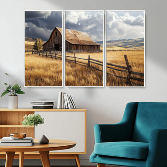 23718739-MGV-CV-36X24-Farmhouse Wall Art – Rustic Barn and Golden Wheat Field Canvas Print, Country Landscape Photography Decor for Bedroom, Living