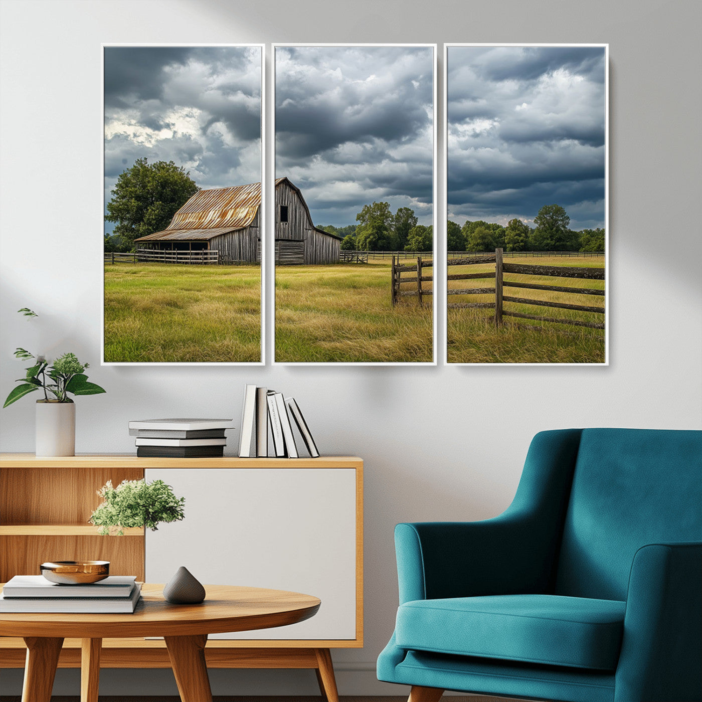 39409517-MGV-CV-36X24-Rustic Barn Wall Art – Weathered Farmhouse and Storm Clouds Canvas Print, Country Landscape Photography Decor for Bedroom, Living
